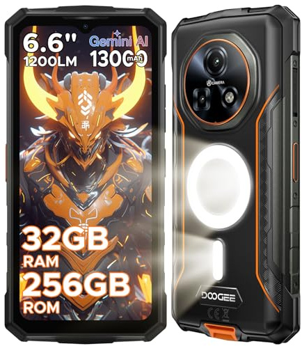 DOOGEE Fire 5 Ultra Android 15 Outdoor Handy ohne Vertrag, 32GB RAM/256GB ROM(2TB) 1200LM Dual, 13000mAh Großer Akku Handy, 6.6 HD+90Hz, 48MP+8MP Outdoor Smartphone,Gemini AI/Face ID/NFC/OTG/GPS