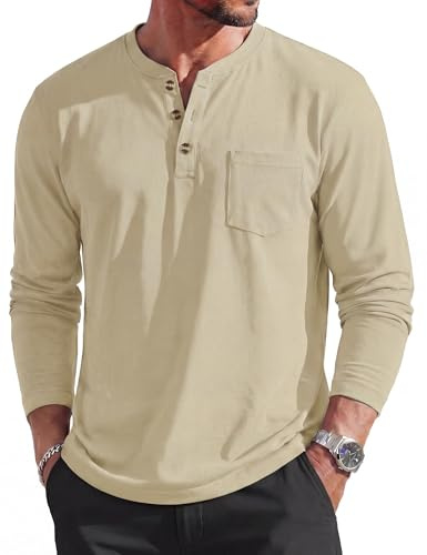 MAGCOMSEN Mens Shirts Long Sleeve Crew Neck Henley Tshirts Cotton Breathable Moisture Wicking Casual Tops Basic Tee 3 Button,Khaki,2XL