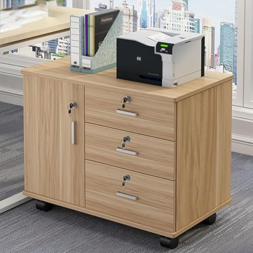 Mobiler Aktenschrank aus Holz mit 3 Schubladen, seitlicher Büroschrank für Zuhause, Druckerständer, Untertisch-Organizer für Brief/A4-Papiere (helles Walnuss)