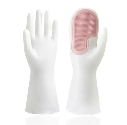 DKJAHSEK 2 Paar multifunktionale wasserdichte Gummibürstenhandschuhe, Latexhandschuhe, Küchenreinigung, Hausarbeit, Geschirrspülen, wiederverwendbare Handschuhe für Küche, Spülen, Putzen(Pink)