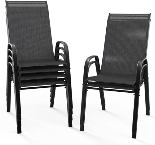 Bonnlo Stapelbare Gartenstühle 6er Set, Outdoor-Essstühle Hochlehner, Wetterfeste Stapelstühle mit Atmungsaktivem Textilene, Robustes Metallgestell, für Balkon, Terrasse & Garten, bis 180 kg, Schwarz
