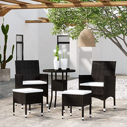 Owoxanthellate Lot de 5 meubles de jardin en rotin synthétique - Noir - 60 x 75 cm - Plateau rond de 5 mm - Verre trempé - Résistant aux intempéries et peu encombrant - Pour balcon, terrasse, jardin
