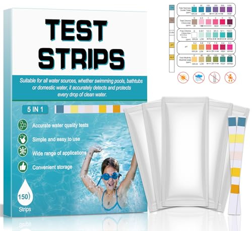 5-in-1 Pool Teststreifen, 150 Stäbchen Präziser Wassertester für Pools & Spa, Wasser Teststreifen Pool für Gesamthärte, Gesamtchlor, freiem Chlor oder Brom, pH & Gesamtalkalinität