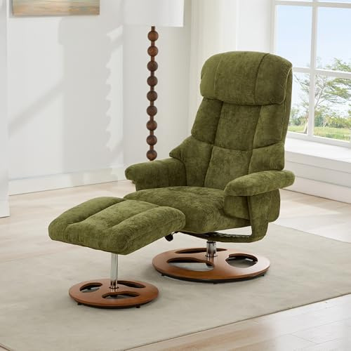 NuvlaGu Sillón de relax con función de masaje y calor, giratorio 360°, respaldo ajustable hasta 140°, sillón de televisión con taburete, tela de chenilla, cómodo sillón reclinable para salón (verde)
