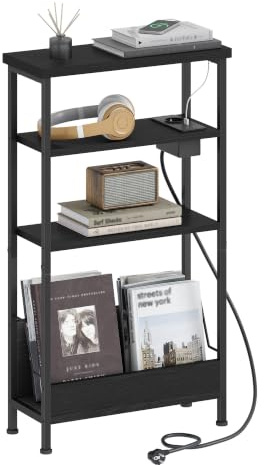 Hzuaneri Beistelltisch Schmal, 4-Stufiger Beistelltisch Couch mit Zeitschriftenhalter und Ladesteckdosen, Geeignet als Nachttisch für Wohnzimmer, Schlafzimmer oder Arbeitszimmer, Schwarz ET40004BEU
