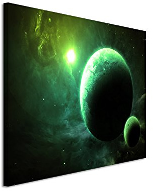 Paul Sinus Art XXL Fotoleinwand 120x80cm Illustration - Grüne Planeten mit Mond auf Leinwand exklusives Wandbild moderne Fotografie für ihre Wand in vielen Größen