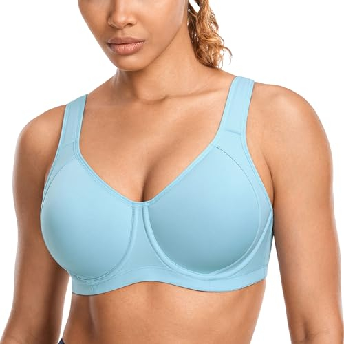 SYROKAN Damen Sport BH Starker Halt Verstellbarer X-Rücken, Große Brüste Leicht Gefüttert BHS mit bügel für Fitness Lauf Joggen Hellblau 13 85C