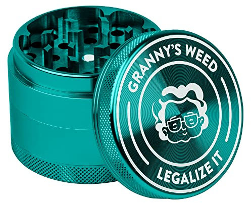 Granny‘s® Premium Aluminium Grinder | messerscharfes Mahlwerk | 4-teilig | inkl. Pollenschieber | Kräutermühle in Türkis u. weiteren edlen Designs | ∅ 5,5 cm