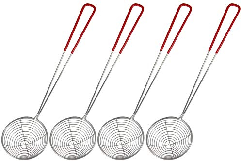 yoaxia ® - [ 4x ] Fondue-Sieb Ø 7,5cm L 29cm, silberfarben mit rotem Griff, Sieblöffel für Feuertopf, Mongolentopf