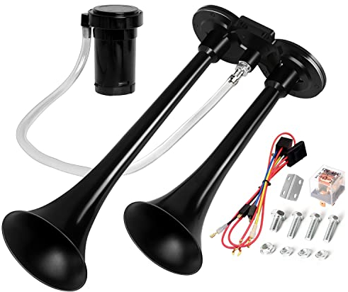 CARFKA Lufthupe für LKW, Boot, Auto, 150DB Super Laute Zughupen Kit mit 120 PSI Luftkompressor (Schwarz, Dual)