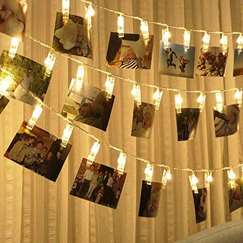 Bakaji Home Catena Luminosa 40 LED Ghirlanda stringa con 16 Mollette Clip per Appendere Foto a Batteria Lungezza 410 cm (Bianco Caldo)
