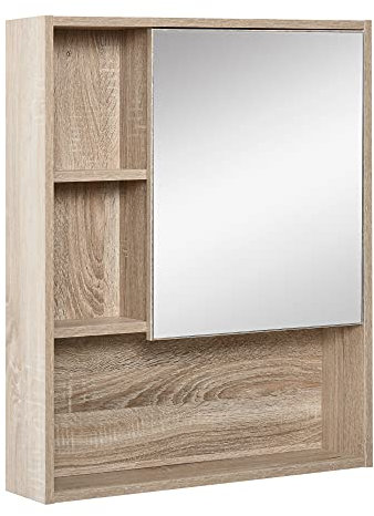 kleankin Armadietto Bagno a Specchio con Ripiani Regolabile, Specchio Bagno Contenitore con Porta Salvaspazio, Montaggio a Parete, 60x15x76 cm, Rovere