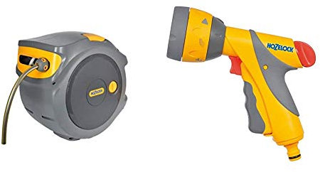 Hozelock Auto Reel with 20 m Hose, Yellow/Grey & Multi Spray Gun Plus