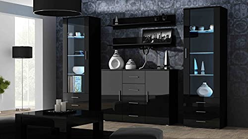 Wohnwand SOHO 3 mit Blauer LED Beleuchtung, Anbauwand, Wohnzimmerschrank, Schrankwand, Vitrine, Sideboard, Hängeregal (Schwarz/Schwarz Hochglanz)