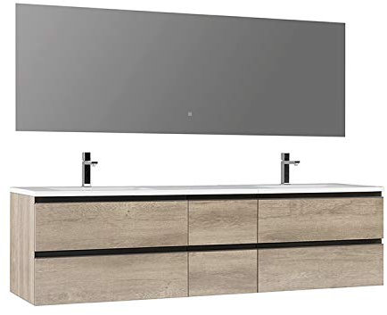 StoneArt Badmöbel-Set mit Mineralguss Waschbecken und Unterschrank und LED Spiegel Touch-Sensor Waschtisch als Einzel- oder Doppelwaschbecken Monte Carlo MC-2000 eiche hell 200cm