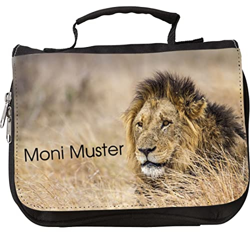 Manutextur Kulturbeutel mit Namen - personalisiert - Motiv Löwe - viele Motive – Kulturbeutel - Größe 23x17x5 cm - persönliches Geschenk mit Wunsch-Motiv und Wunsch-Name