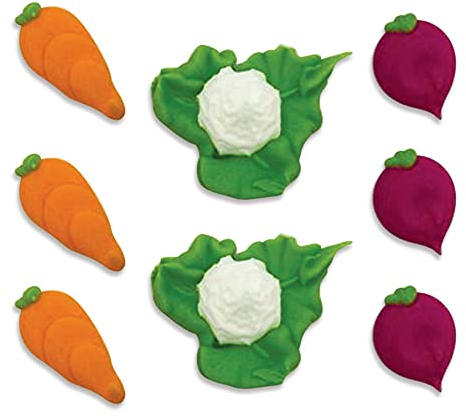 Anniversary House Hand-made Vegetable Patch Edible Sugarcraft Cake Toppers | Carrot, Cauliflower, Radish | 2-3cm each | SF611, Green, Orange, Violet