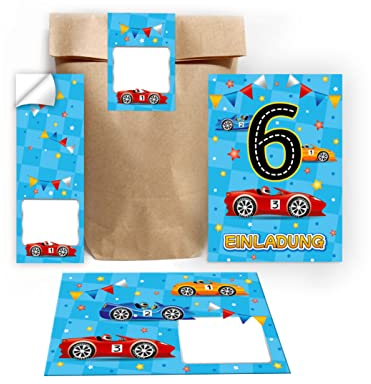 12 Einladungskarten zum 6. Kindergeburtstag sechste Geburtstag Jungen Rennauto incl. 12 Umschläge, 12 Tüten/Natur, 12 Aufkleber