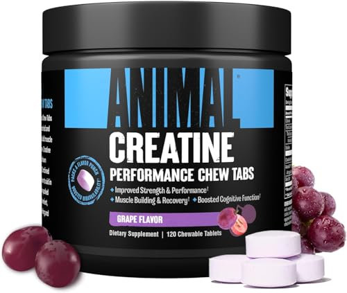 Universal Nutrition ANIMAL CREATINE CHEWS (Grape) enthält 5g leicht absorbierbares Kreatin Monohydrat & Meersalz für die Aufnahme & Pump, steigert Trainingsfähigkeit des Körpers,120 Kautabletten