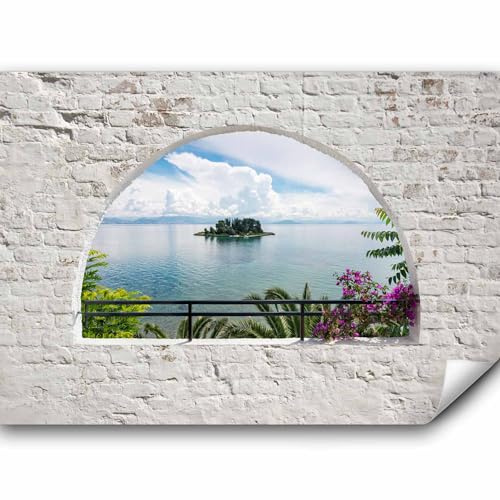 murando - Fototapete Premium-Vlies Palmen Blumen Fenster, 350x256 cm | Premium-Vliesstoff, Full HD Druck, hochwertige Verarbeitung fürs Wohnzimmer, schnelle Montage, lichtbeständig, geruchsfrei