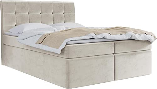 WFL GROUP Boxspringbett mit Bettkasten 120x200 140x200 160x200 180x200 200x200 Doppelbett Gepolstert Bett Mit Matratze und Topper - Stauraumbett mit Kopfteil - Beige Samt - 180 x 200 cm