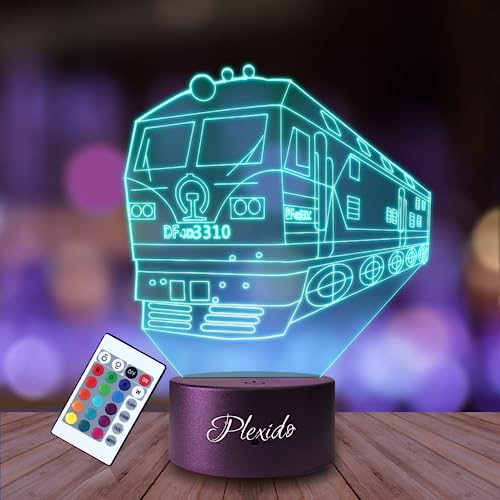 Plexido Nachtlicht Zug Lokomotive U-Bahn Straßenbahn Illusion Lampe 3D Nachttischlampe Geschenk für Kinder Personalisiert Graveur Weltraum Kinderzimmer LED Licht Fernbedienung 16 Farbwechsel