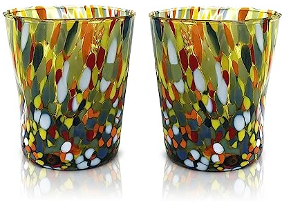 MAZZEGA ART & DESIGN - 2 Bicchieri Tumbler Classic in Vetro Soffiati e Lavorati a Mano con Murrine di Murano, linea “I Colori di Murano” 350 ml. Made in Italy (VERDE, 2)