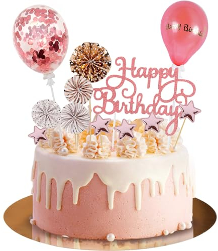 Moorle Happy Birthday Tortendeko 12 Stück, Damen Torten Geburtstagsdeko, Rosa Gold Kuchendeko, Topper Tortendekoration mit Golden Sterne Papierfächer Konfetti Luftballons für Geburtstagsfeier