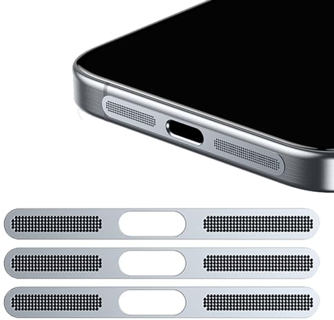 GIOPUEY Mesh Staubdichter Aufkleber für iPhone 15 Pro, 3 Stück Integrierter Schutzlautsprecher und Ladeanschluss,Anti Dust - Silver