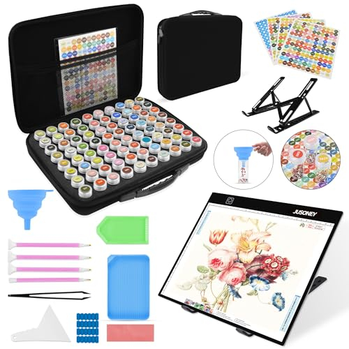 Jusoney Diamond Painting Storage Boxes,1 Diamond Painting Kit A4 Tracing Light Box with 3 Brightness, 80 Slots Bead Storage with 5D Diamond Art Accessories and Tools Kit