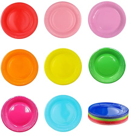 FYZSJWL 100 Pièces Assiettes DIY,Assiettes en Papier Multicolores,Assiettes en Papier Colorées,Assiettes Carton Couleur,Rondes Assiettes de Fête Jetables,pour les Fêtes et les Pique-Niques