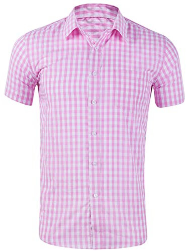 Camicia da uomo a quadri, a maniche corte, in cotone, casual, vestibilità regolare, leggera, con bottoni, colletto rovesciato, camicia a quadri, top estivo alla moda, rosa, M