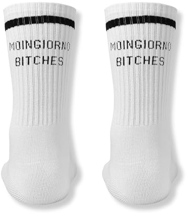 Made by Nami Weiße Crew Socks aus Baumwolle • Weiße Retro Tennis Socken mit Sprüchen • Atmungsaktiv (DE/NL/SE/PL, Numerisch, 35, 40, Regular, Regular, Moingiorno Bitches)