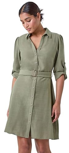 Roman Originals Shirt Dress for Women UK- Ladies Long Sleeve Belted Collared Midi Maxi Winter Autumn Smart Casual Button Through Evening Office A Line Swing Skater - Plina Khaki - Size 18