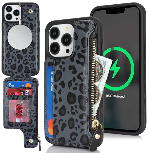 SailorTech iPhone 13 Pro Case with Credit Card Holder magsafe, iPhone 13 Pro Phone Leather Case Wallet for Women Compatible mag safe Card Slots Zipper Shockproof Case for Men - Black Leopard