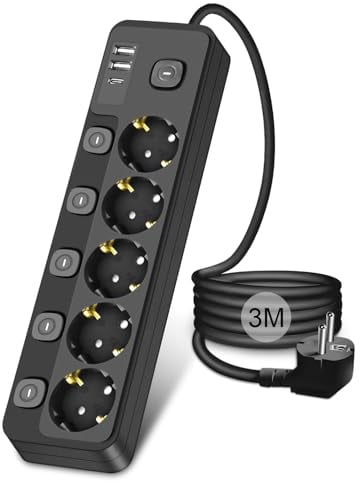 Steckdosenleiste einzeln Schaltbar 3M Kabel, 5 Fach Mehrfachsteckdose mit 2 USB-A und 1 USB C, Steckdosenverteiler mehrfachstecker Steckdosenleiste üiberspannungsschutz für Heim Büro, Schwarz