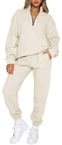 Aleumdr Zweiteiler Damen Lang Trainingsanzug Damen Jogginganzug Set Sweatshirt mit Reißverschluss Elegant Freizeitanzug set Damen Zweiteiler Set Sport Hosenanzug,Beige M