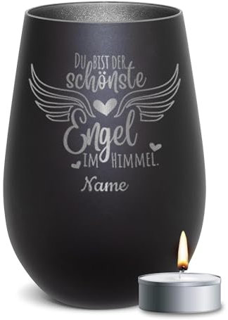PR Print Royal Trauer Windlicht mit Gravur - Der schönste Engel im Himmel - mit Name gravieren - Trauergeschenk, Gedenklicht, Geschenke für Trauernde | inkl. Teelicht, 450 ml, Schwarz/Silber