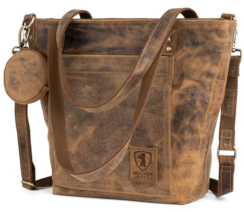 Berliner Bags Vintage Umhängetasche Verona, Große Schultertasche aus Leder mit YKK Reißverschluss, Shopper, Henkeltasche für Damen - Braun
