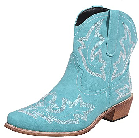 OTMYIGO Bottines pour Femmes Bottes de Cowboy Broderie Bottes de Marche Bottes Western mi-Mollet Bout Pointu Bottes Courtes de Style rétro