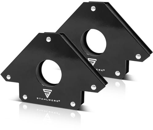 STAHLWERK Schweißmagnet 2er Set – je 34 kg (75 lbs) Haftkraft, 45° / 90° / 135° Winkel, Magnet-Schweißwinkel mit Rundloch zum präzisen Ausrichten & Positionieren von Werkstücken beim Schweißen & Löten