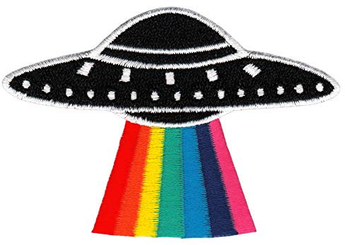 UFO Regenbogen Alien Fliegende Untertasse Gestickt Aufnäher zum aufbügeln oder aufnähen Bügelbild Aufbügler für Kleidung Bügelpatch Applikation Patch Größe 9,1 x 6,3 cm