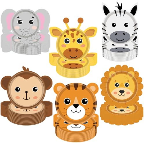 48 PCS Jungle Wild Animal Party Supplies Jungle Safari Theme Animal Paper Plates Safari Animal Shaped Disposable Plates Animal Party Decorations for Birthday Baby Shower