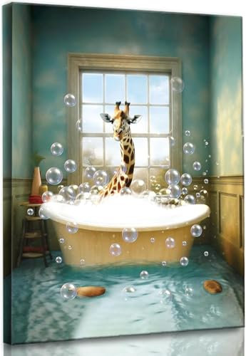 ANHUIB Giraffe in Bathtub Wall Art Waterproof Wood Framed Canvas Wall Decor Funny Bathroom Wall Painting Giraffe Bathing Painting Animals Humor Abstract Artwork For Living Room Gallery Bathroom