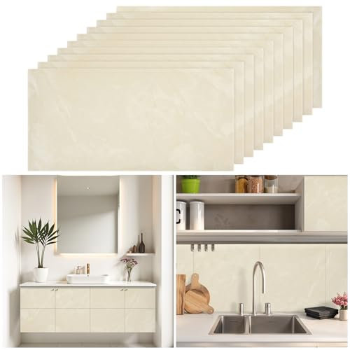 Warmiehomy Marble Tile Stickers 60x30cm 10Pcs Thicken Self Adhesive Wall Tiles Waterproof,Peel and Stick on Vinyl Marble Tiles for Living Room Bedroom Bathroom Kitchen Splashback,Beige White Jade