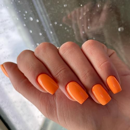 SXVME Orange False Nails Short Medium Square, Gel Press on Nails Coffin Medium Glossy Fake Nails Set Solid Color Acrylic Nail Natural Fit Reusable Stick on Nail for Women Daily Wear, in 24 Pcs