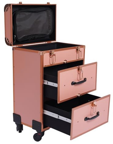 Kosmetikkoffer Trolley, Professionell Make Up Koffer mit Schublade und mit Rollen, Abschließbar Schminkkoffer Groß, 36 x 23 x 58 cm, Friseur Koffer Mobil für Reise Kosmetikerin Friseurerin (Gold)
