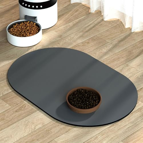Mateju Tapis Gamelle Chat Chien, Super Absorbant Lavable Tapis Chat Gamelle, Ovale Séchage Rapide Antidérapant de Gamelle de Nourriture (Gris Foncé,40x60cm)