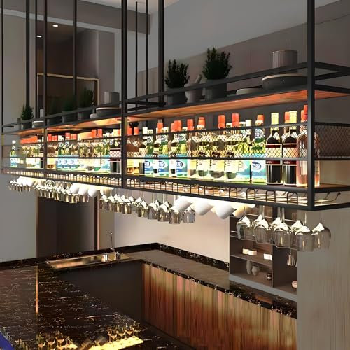 amhricho Ceiling Wine Rack, Metal 2 Layer Hanging Wine Rack Display Wine Storage Holder Multifunctional, with Glass Holder for Home, Restaurant, Bar(BLACK, 80 * 30 * 50+40CM)