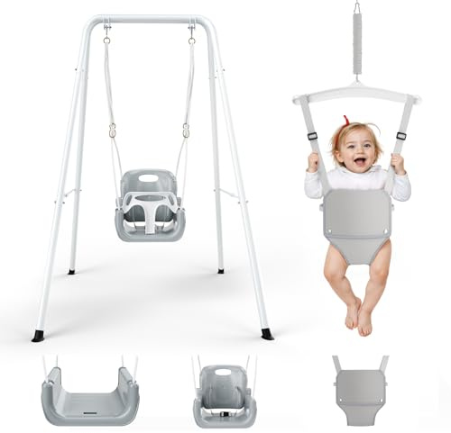 MINENICE 4-in-1 Schaukeln & Baby Türhopser Set für Kleinkinder, Schaukelset für Kinder Faltbarer Metallständer für drinnen und draußen, einfach zu montieren und aufzubewahren (Weiß)